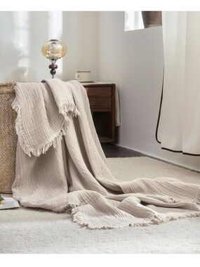 Neutral Beige Cotton Throw Blanket with Fringe - Home Bedding